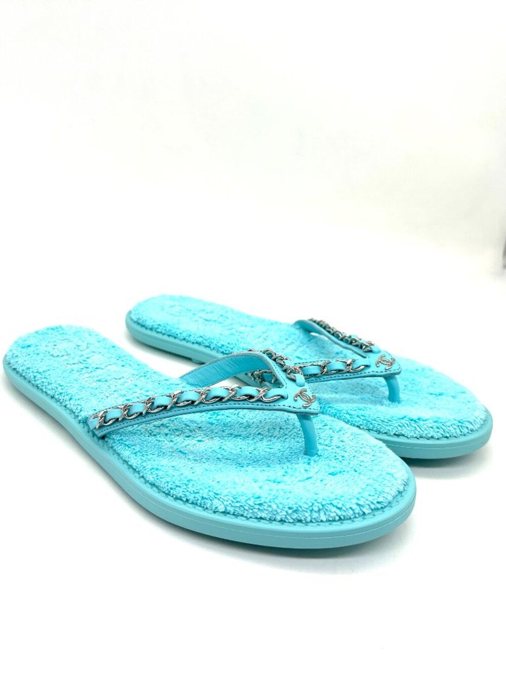 CHANEL 21S Leather Chain Terry Flip Flop Thong Flat Sandals Shoes - Picture 5 of 14